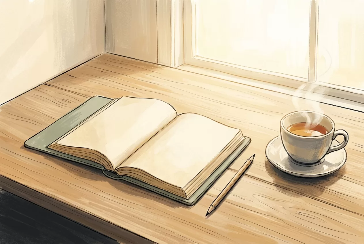 Clean wooden desk in warm morning light with a blank open notebook, sharpened pencil, and steaming tea, representing a fresh Claude Code session cold start.