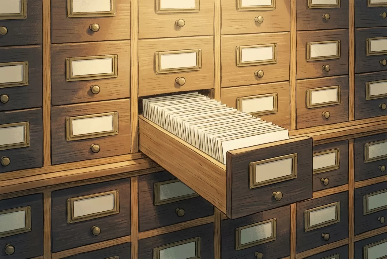 Wooden library card catalog with blank brass label holders and one drawer open revealing blank index cards, representing markdown memory files Claude Code agents read on demand.